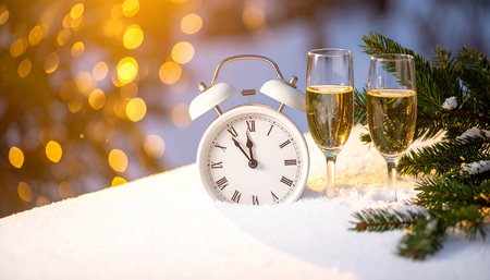 Two glasses of champagne and alarm clock on snow with bokeh backgroundの素材
