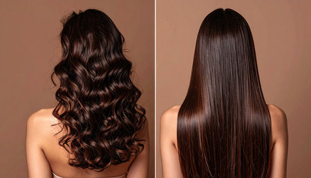 Before and after hair care. Before and after hairstyle. Woman with long brown hair.の素材