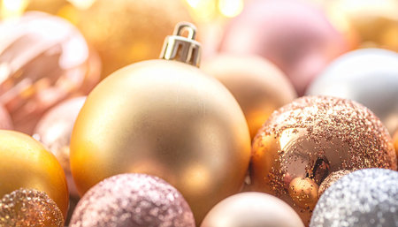 Golden and silver christmas baubles background with copy space.の素材