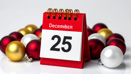 Calendar with the date December 25 and Christmas balls on a white backgroundの素材