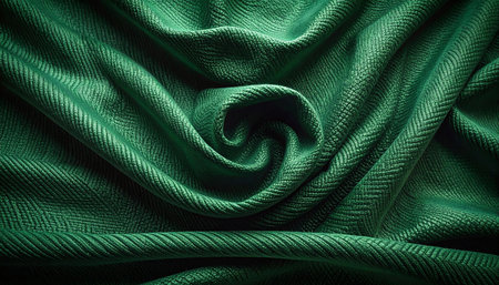 Texture, background, pattern. The fabric is dark green. Abstract background of luxury fabrics or liquid waves or wavy grunge creases.の素材