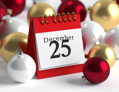 December 25. Calendar on white background with christmas balls. 3D illustration.の素材