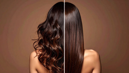 Young woman before and after hair treatment. Before and after treatment.の素材