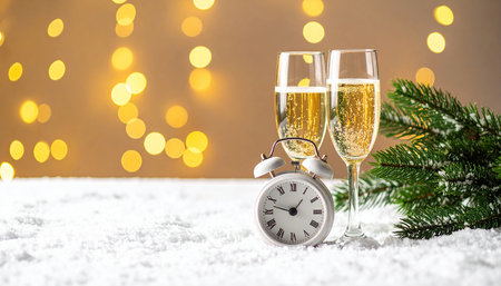 Two glasses of champagne and alarm clock on snow with bokeh backgroundの素材