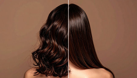 Woman before and after hair treatment. Before and after hair care.の素材