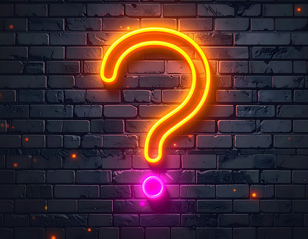 Glowing neon question mark on a brick wall background. Vector illustrationの素材