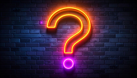 Question mark neon sign on brick wall background. Vector stock illustration.の素材