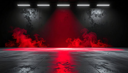 Red smoke in dark room with spotlights. 3D rendering.の素材