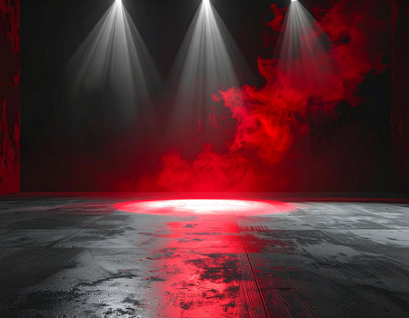 Red stage with spotlights, smoke and spotlight. 3D renderingの素材