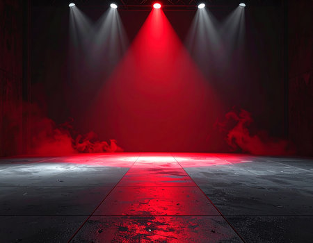 Empty stage with red spotlights, smoke and floor. Stage backgroundの素材