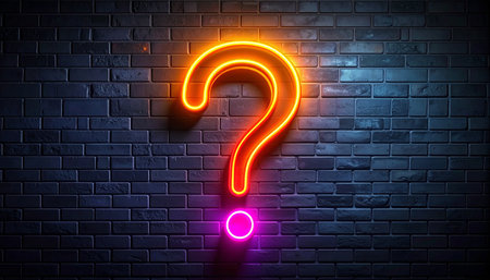 Glowing neon question mark on dark brick wall background. Vector illustrationの素材