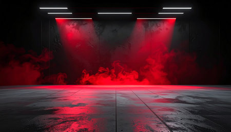 Red and black empty stage with spotlights and smoke. 3d renderingの素材