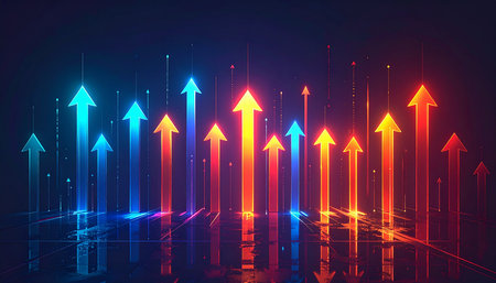 3D rendering arrows pointing up on dark background, abstract background.の素材