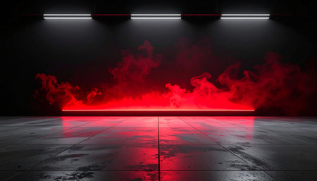 Red smoke on the floor. 3d render. Abstract background.の素材