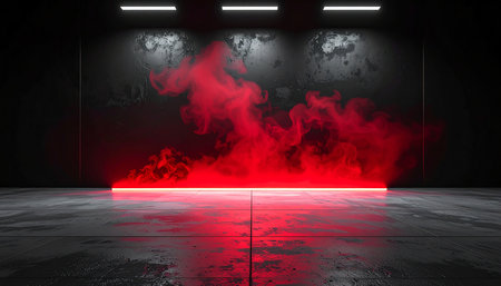 3D render of an empty room with red smoke on the wallの素材