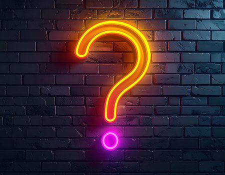Glowing neon question mark on brick wall background. Vector illustration.の素材