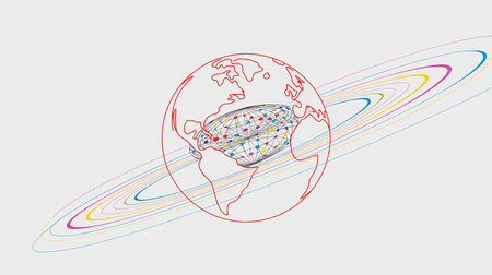 Globe with world map and colorful lines on a white background.の素材