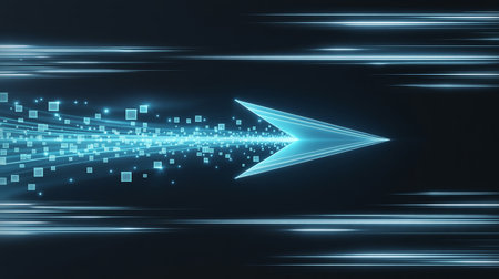 abstract blue background with a glowing arrow in the center. 3d renderingの素材