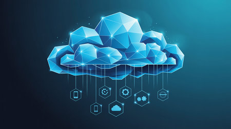Cloud computing concept. Polygonal cloud with icons on blue backgroundの素材