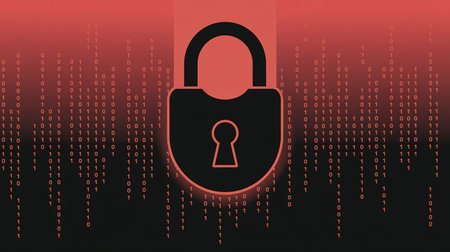 Cyber security concept with closed padlock on red binary code backgroundの素材