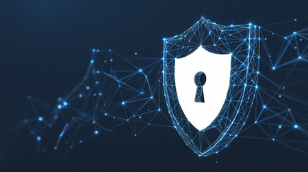 Cyber security concept with shield and keyhole on blue background. 3D Renderingの素材