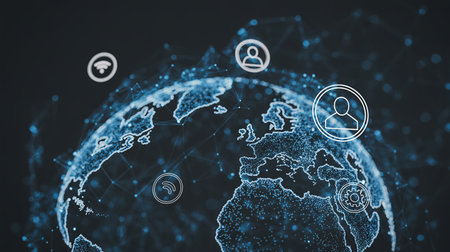 Global network connection over the world. 3d rendering toned image double exposureの素材