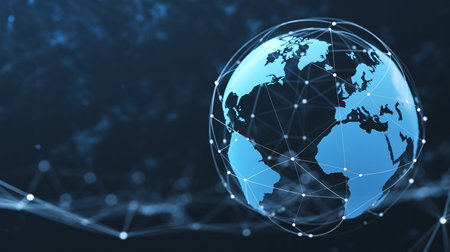 Global network connection on blue background. 3d rendering toned image double exposureの素材