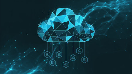 Abstract polygonal cloud computing concept on blue background. 3D Renderingの素材