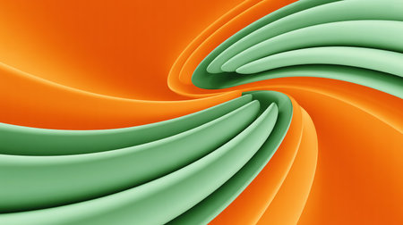abstract background with curved lines in green and orange colors. 3d renderの素材
