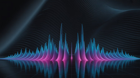 abstract 3d illustration of glowing waves and lines, geometric backgroundの素材