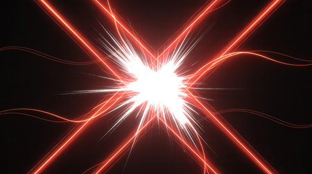 Glowing red neon lines in space, computer generated abstract background, 3D renderの素材