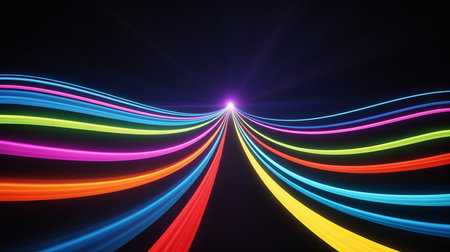 Colorful neon lines on a black background. 3d rendering.の素材