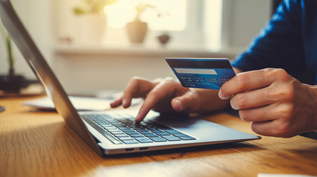 Close up of male hands holding credit card and using laptop computer. Online shopping conceptの素材