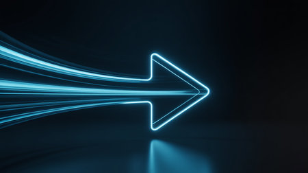 3d rendering of an arrow in a dark space with neon lightsの素材