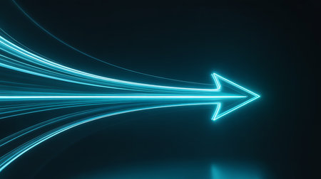 3D rendering of a glowing blue arrow pointing in the dark spaceの素材