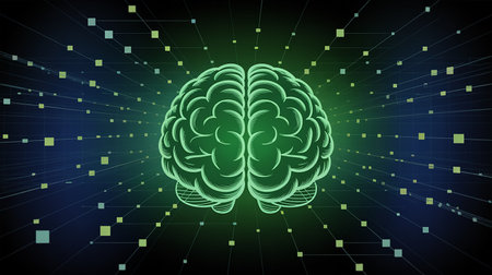 abstract technology background with human brain in blue and green colors illustrationの素材