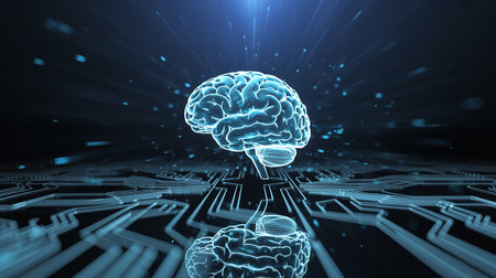 3D rendering of artificial intelligence concept with circuit board and human brainの素材