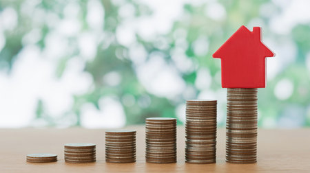 Red house on stack of coins for real estate and property investment concept.の素材