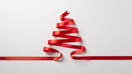 Christmas tree made of red ribbons on white background, top viewの素材