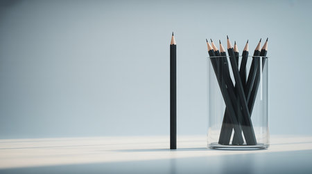 Pencils in a glass jar on a light background with copy spaceの素材