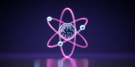 3d rendering of atom in blue and pink neon light on dark backgroundの素材