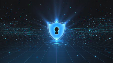 Cyber security concept. Shield with keyhole on abstract background. 3D Renderingの素材