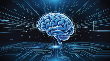 Abstract digital brain on blue background. Artificial intelligence concept. 3D Renderingの素材