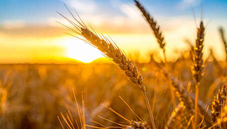Golden ears of wheat on the background of the setting sun. Shallow depth of field.の素材