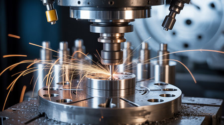 The CNC milling machine cutting the metal shaft with the sparking light. The hi-technology mold and die manufacturing process by CNC machining center.の素材