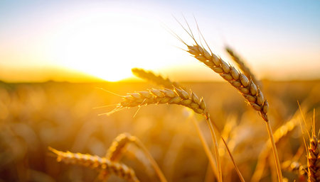 Golden wheat field at sunset. Beautiful Nature Sunset Landscape. Rural Scenery under Shining Sunlight.の素材