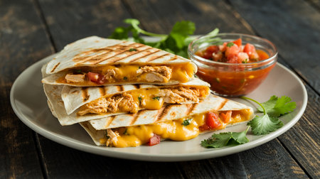 Mexican quesadilla with chicken and sauce on wooden backgroundの素材