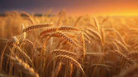 Wheat field. Ears of golden wheat close up. Beautiful Nature Sunset Landscape.の素材