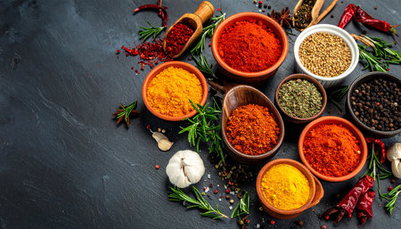 Variety of spices and herbs on dark background. Top view with copy spaceの素材