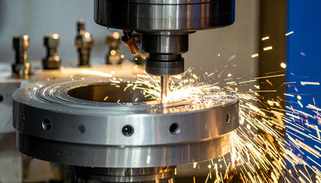The CNC milling machine cutting the steel shaft with sparks.の素材